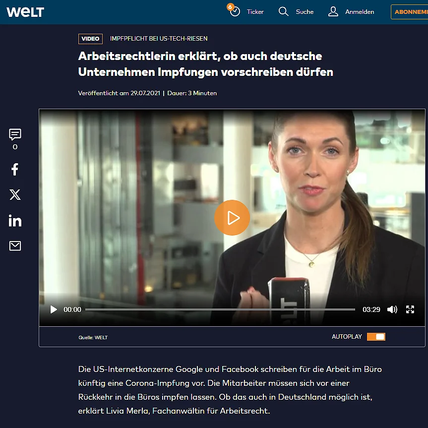 Foto  aus der Mediathek Arbeitsrechtlerin erklärt, ob auch deutsche Unternehmen Impfungen vorschreiben dürfen Welt 07/29/2021