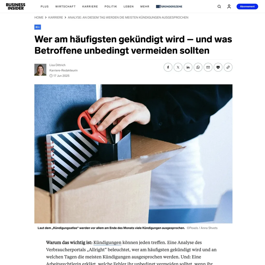 Foto aus der Mediathek Wer am häufigsten gekündigt wird Business Insider 06/17/2025