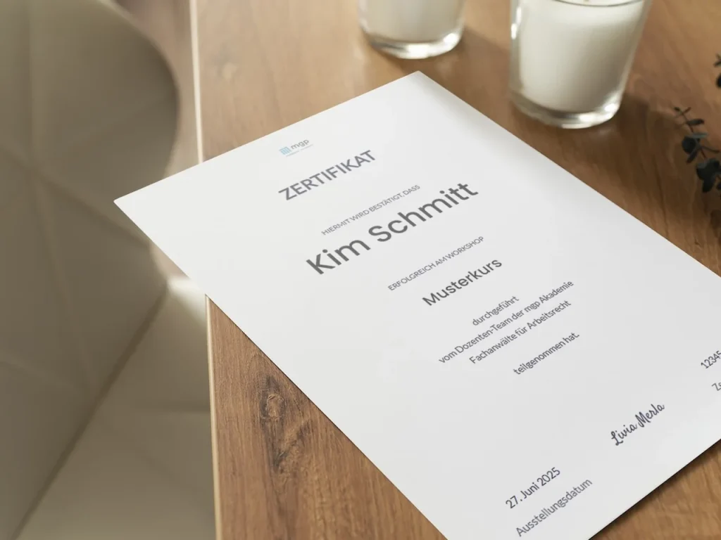 Zertifikat im Arbeitsrecht nach erfolgreich absolvierter Schulung